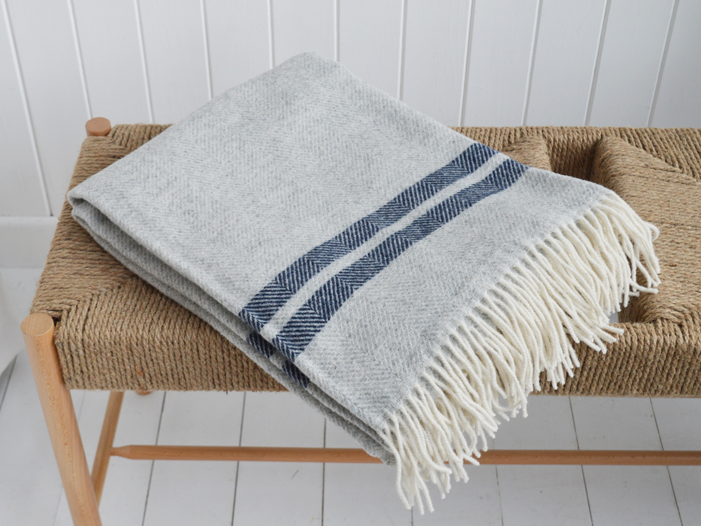 Sudbury blue and grey wool throws - New England Coastal Interiors and Furniture