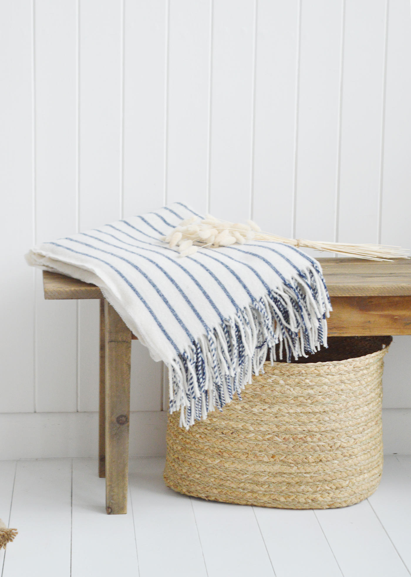 Blue and white stripe wool throw