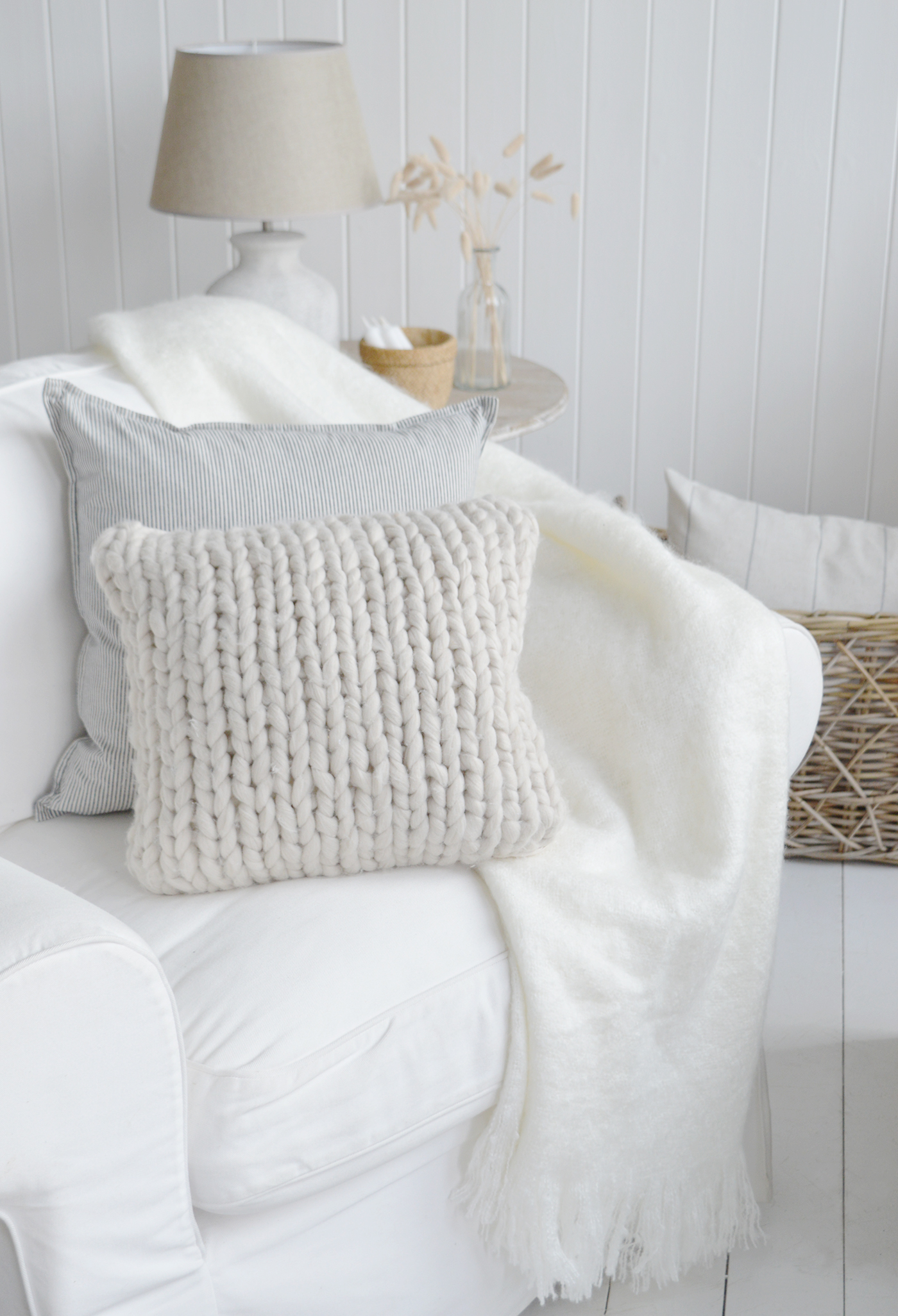 New England Style White Furniture and accessories for the home. Coastal, country and modern farmhouse interiors and furniture. Whitefield throw and blankets
