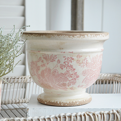 Tolland vintage pink ceramics for New England, farmhouse,  Country and coastal homes and interior decor to complement New England furniture - Plant pots in 2 sizes