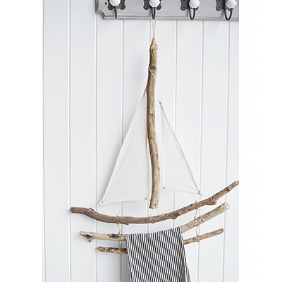 Luxury Chic Coastal nautical decorative accessories for the home by the sea. Driftwood Boat Towel Rail