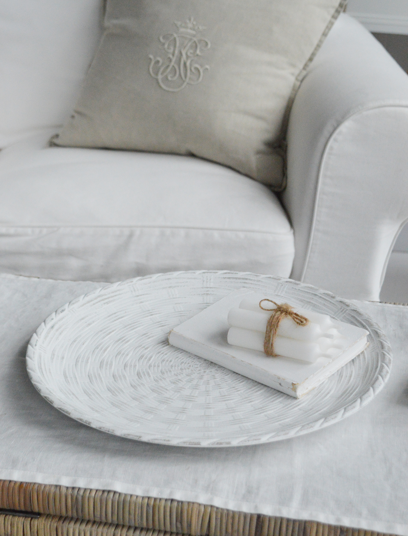 Berwick white washed Wooden Tray - Coffee Table Styling. Modern country, coastal and farmhouse styling and interiors