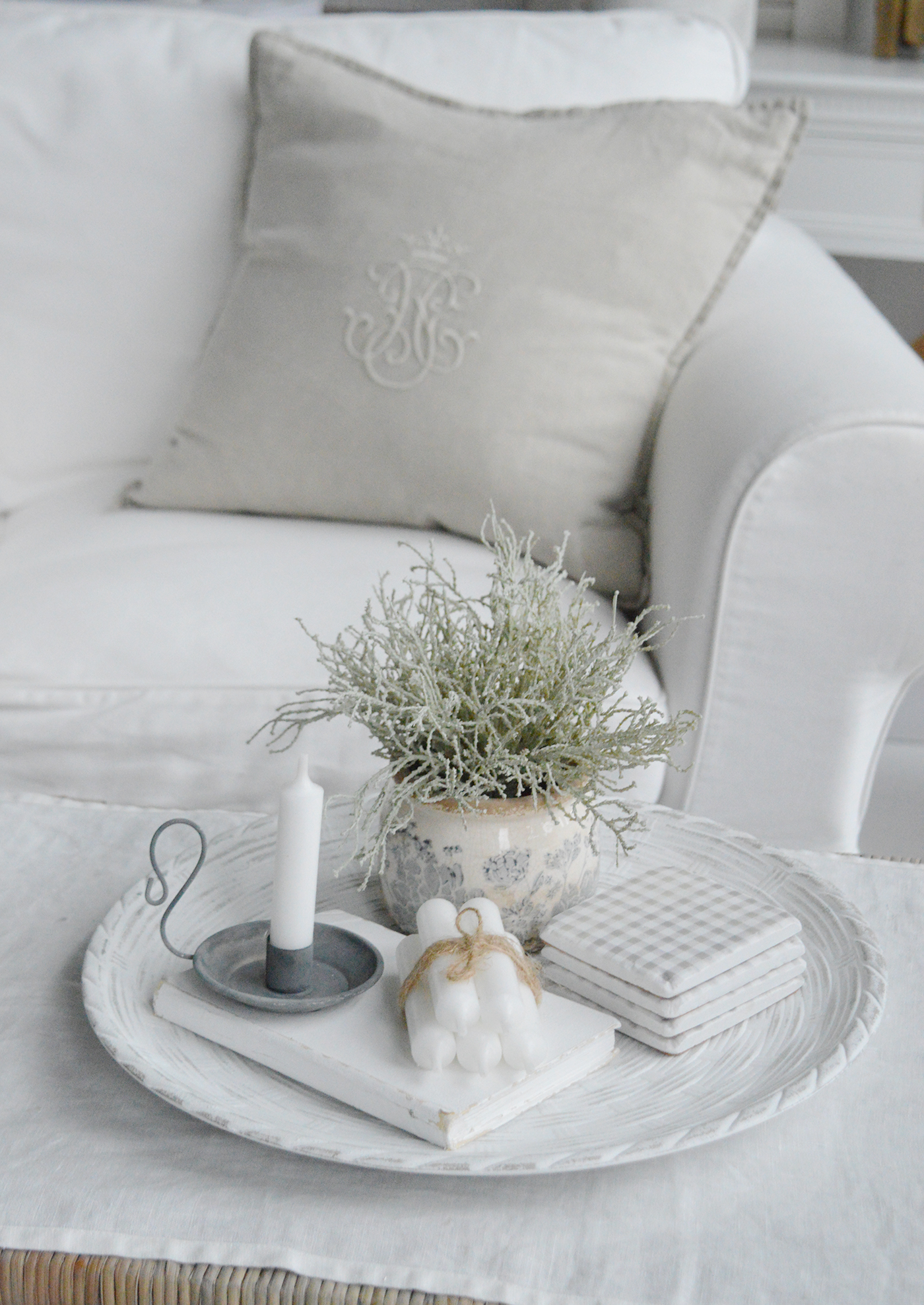Berwick white washed Wooden Tray - Coffee Table Styling. Modern country, coastal and farmhouse styling and interiors