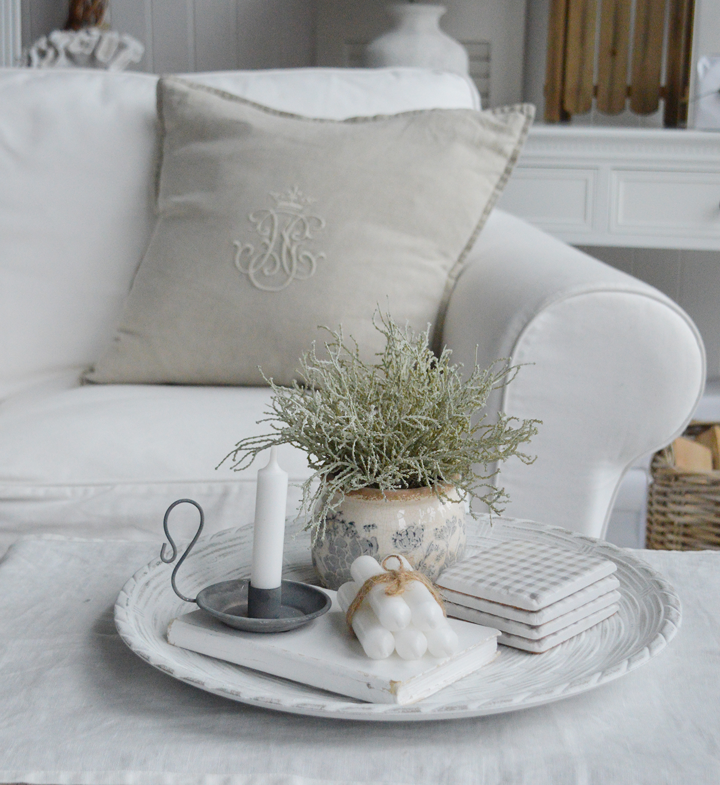 Berwick white washed Wooden Tray - Coffee Table Styling. Modern country, coastal and farmhouse styling and interiors