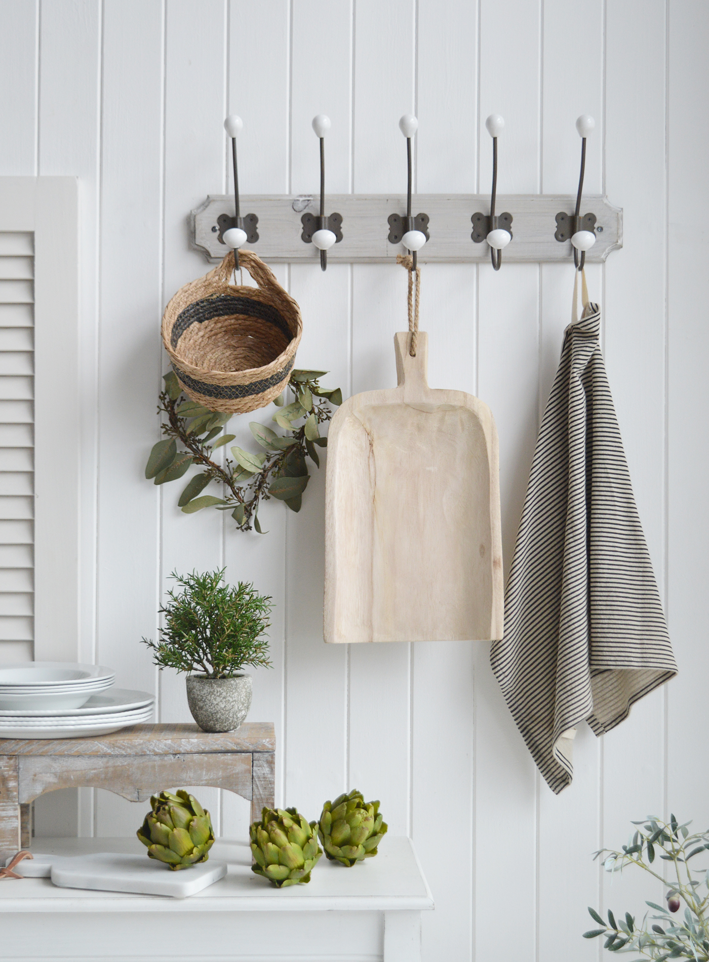 Chadwick tray haning on the Pawtucket hooks with the Plympton towel, artificial green artichokes, Rosemary bush for New England farmhouse style kitchens