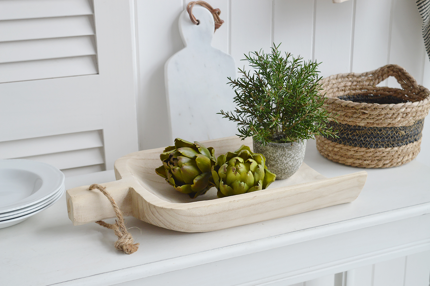 Artificial Green artichokes on a chadwick rustic wooden tray for kitchen styling the New England way!