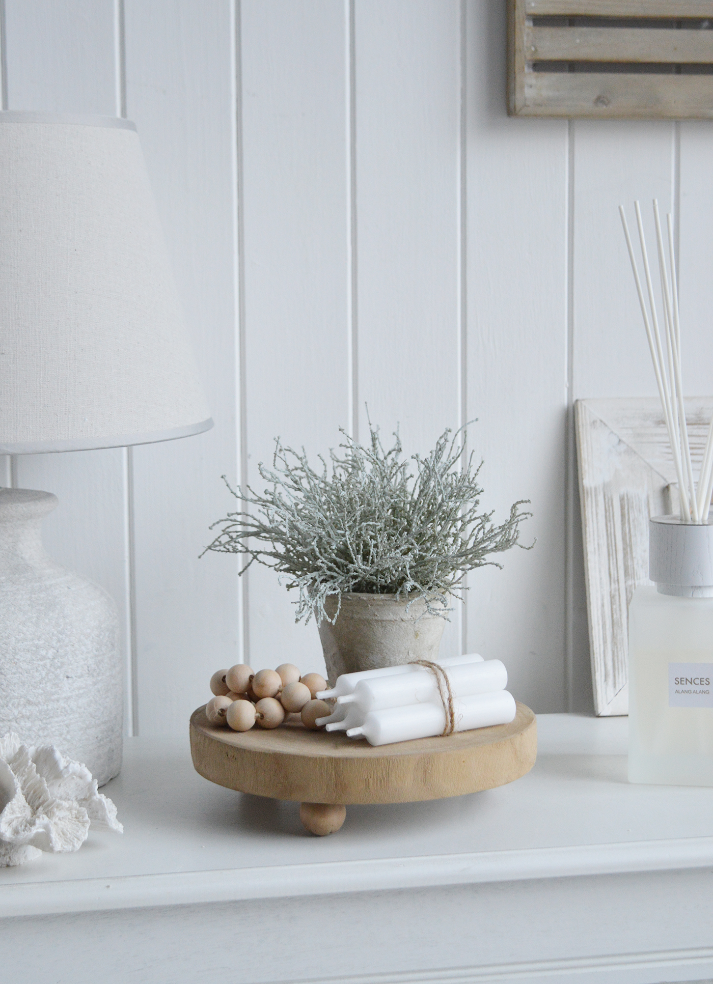 The chadwick large wooden tray on feet  - tips on how to decorate and style for console table decor