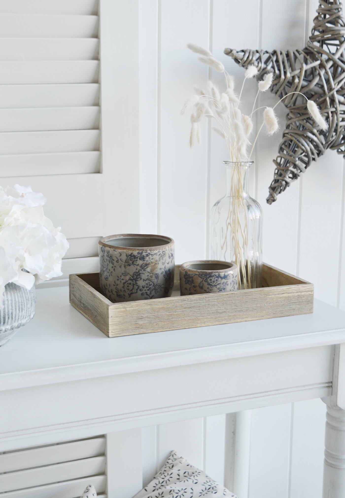 The White Lighthouse. White Furniture and accessories for the home. Jackson Weathered Effect Tray - Coffee Table, Shelf and Console styling for New England, Country Farmhouse and coastal home interior decor