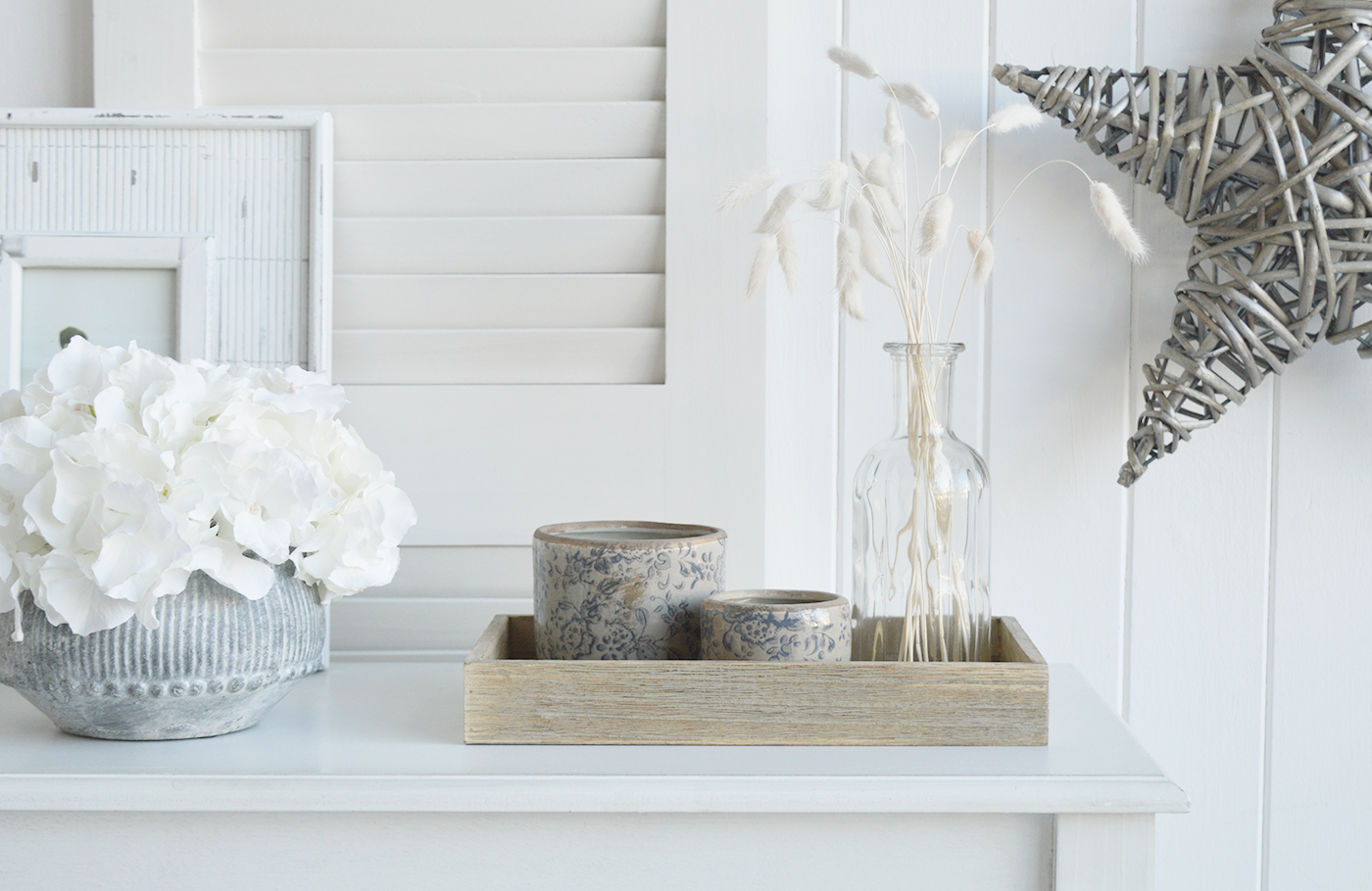 The White Lighthouse. White Furniture and accessories for the home. Jackson Weathered Effect Tray - Coffee Table, Shelf and Console styling for New England, Country Farmhouse and coastal home interior decor