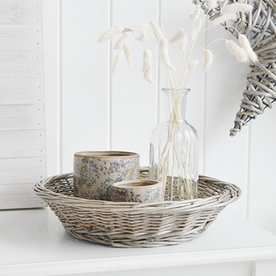 Harrow  large display tray basket from The White Lighthouse Furniture. New England, country, coastal, farmhouse city and whie home interiors. Hallway, Bedroom , Bathroom and living room