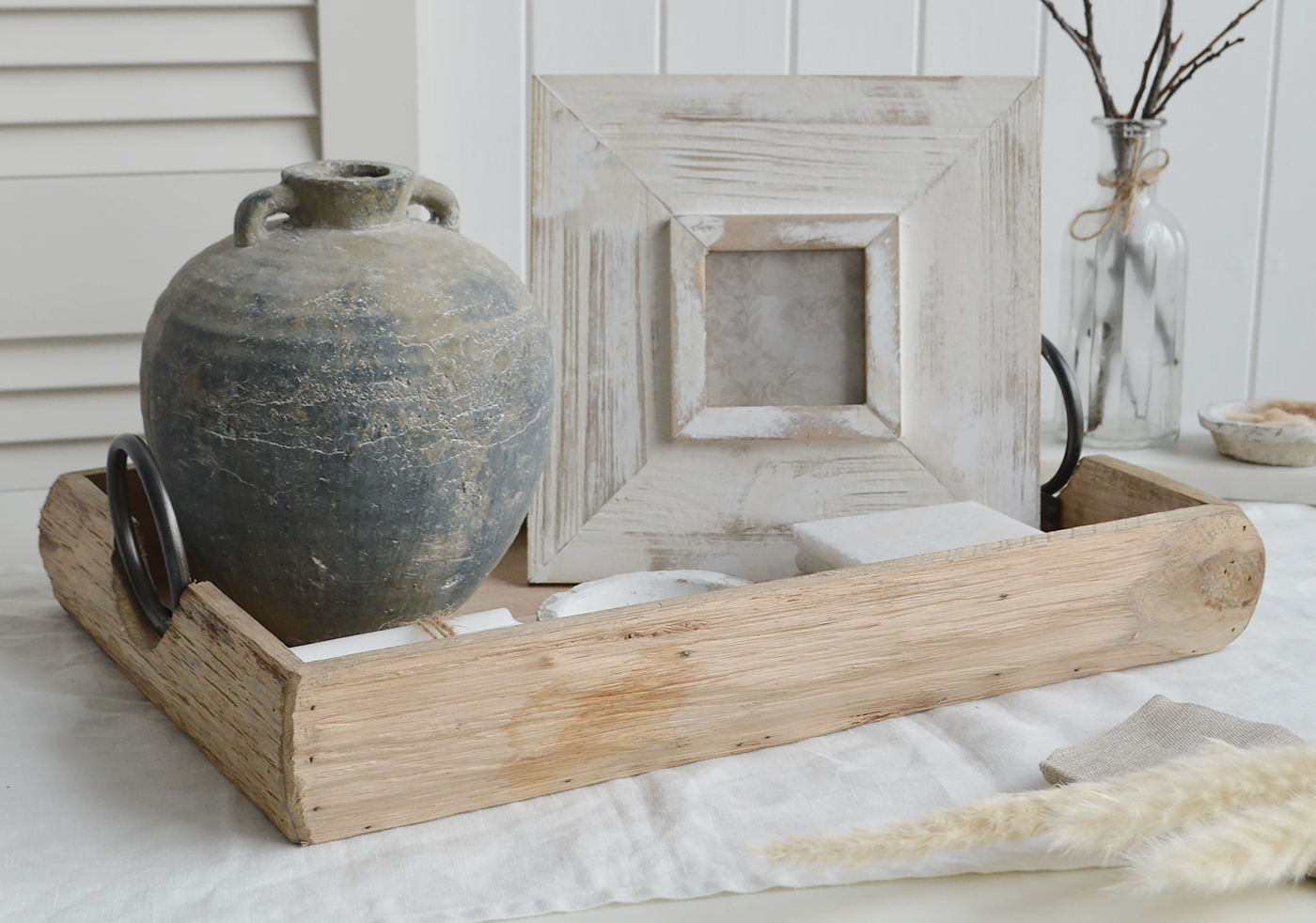 Hillsboro wooden tray with iron handles , ideal to add layers when styling your coffee table or console