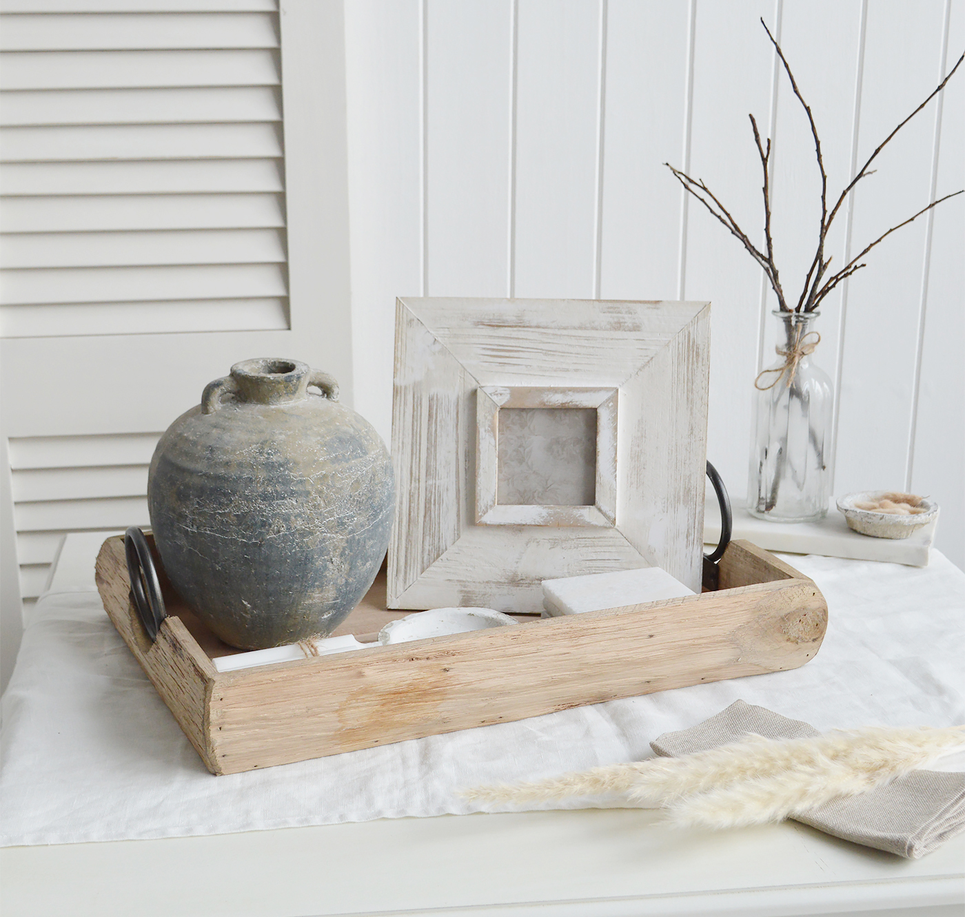 Hillsboro wooden tray with iron handles , ideal to add layers when styling your coffee table or console