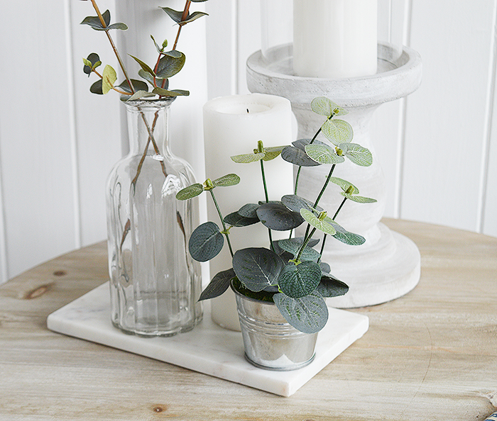 Coffee-table-decor with white marble tray, Newbury ribbed vase, and eucalyptus