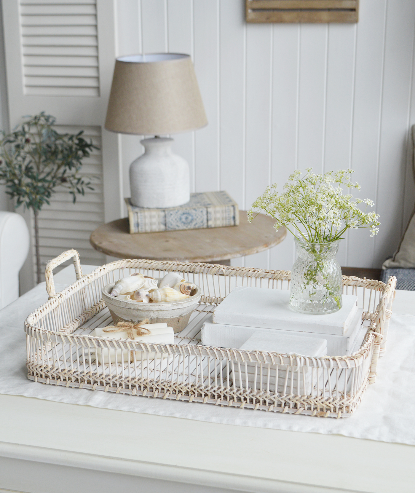 White Furniture and accessories for the home. Putnam white washed Wooden Tray for Coffee Table Styling and decorating shleves and console tables for New England, Country and coastal home interior decor