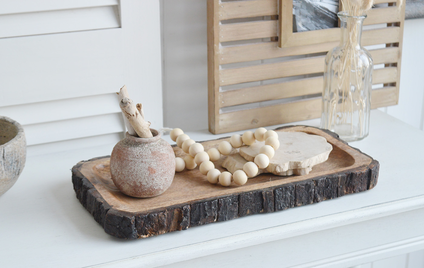 The White Lighthouse. White Furniture and accessories for the home. Natural wooden tree trunk trays for New England interiors for coastal, country, and modern farmhouse homes for coffee table and console table styling