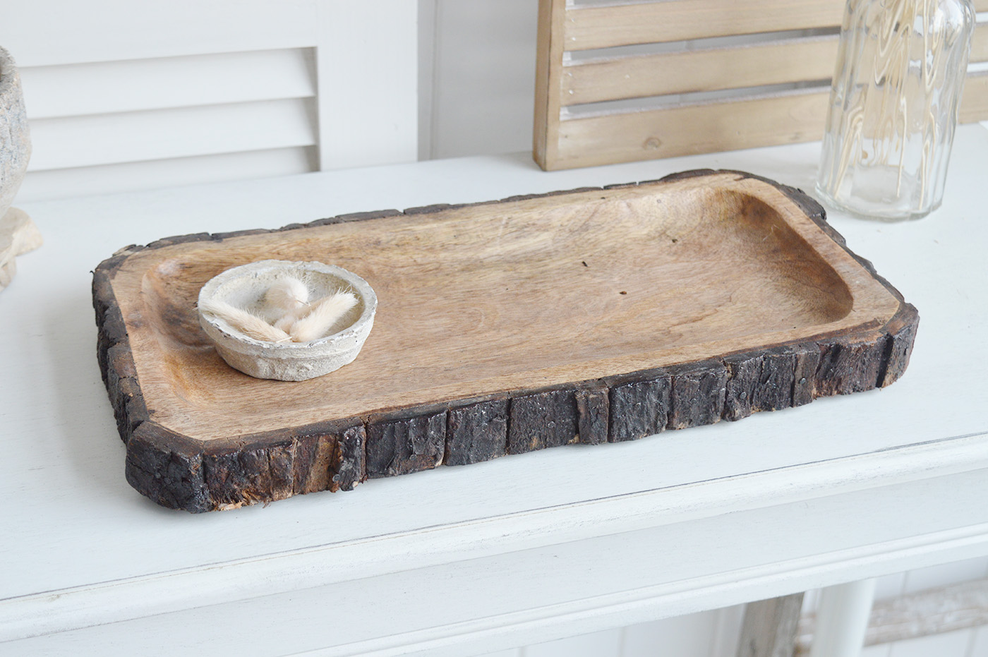 The White Lighthouse. White Furniture and accessories for the home. Natural wooden tree trunk trays for New England interiors for coastal, country, and modern farmhouse homes for coffee table and console table styling