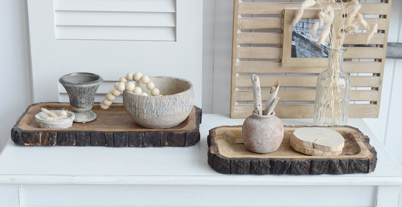 The White Lighthouse. White Furniture and accessories for the home. Natural wooden tree trunk trays for New England interiors for coastal, country, and modern farmhouse homes for coffee table and console table styling