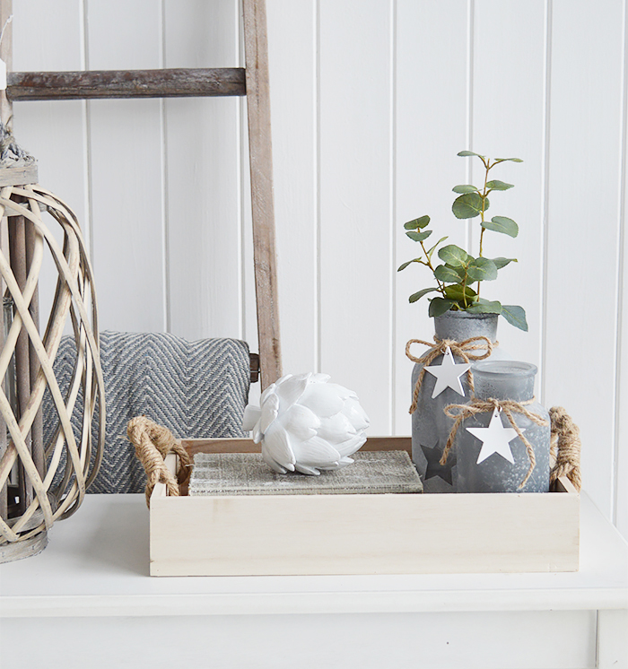 Wooden tray for display from The White Lighthouse Furniture in coastal and country interiors