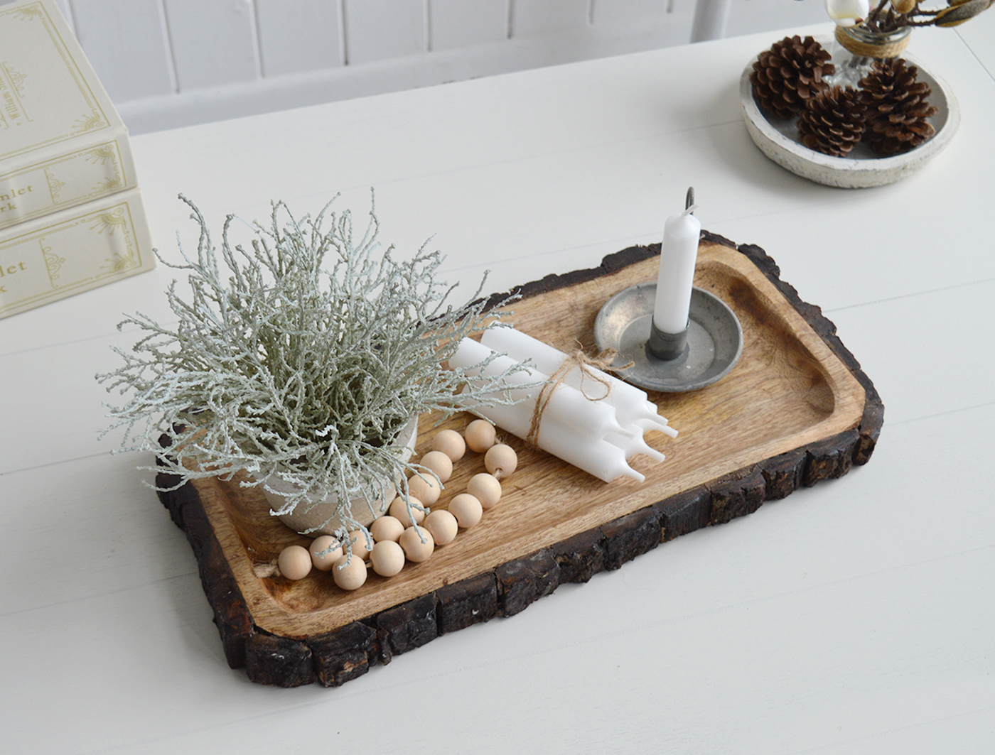 Wooden display tray with bark edging for a rustic New England look in your room