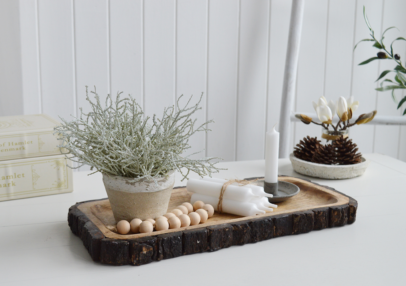 Wooden display tray with bark edging for a rustic New England look in your room