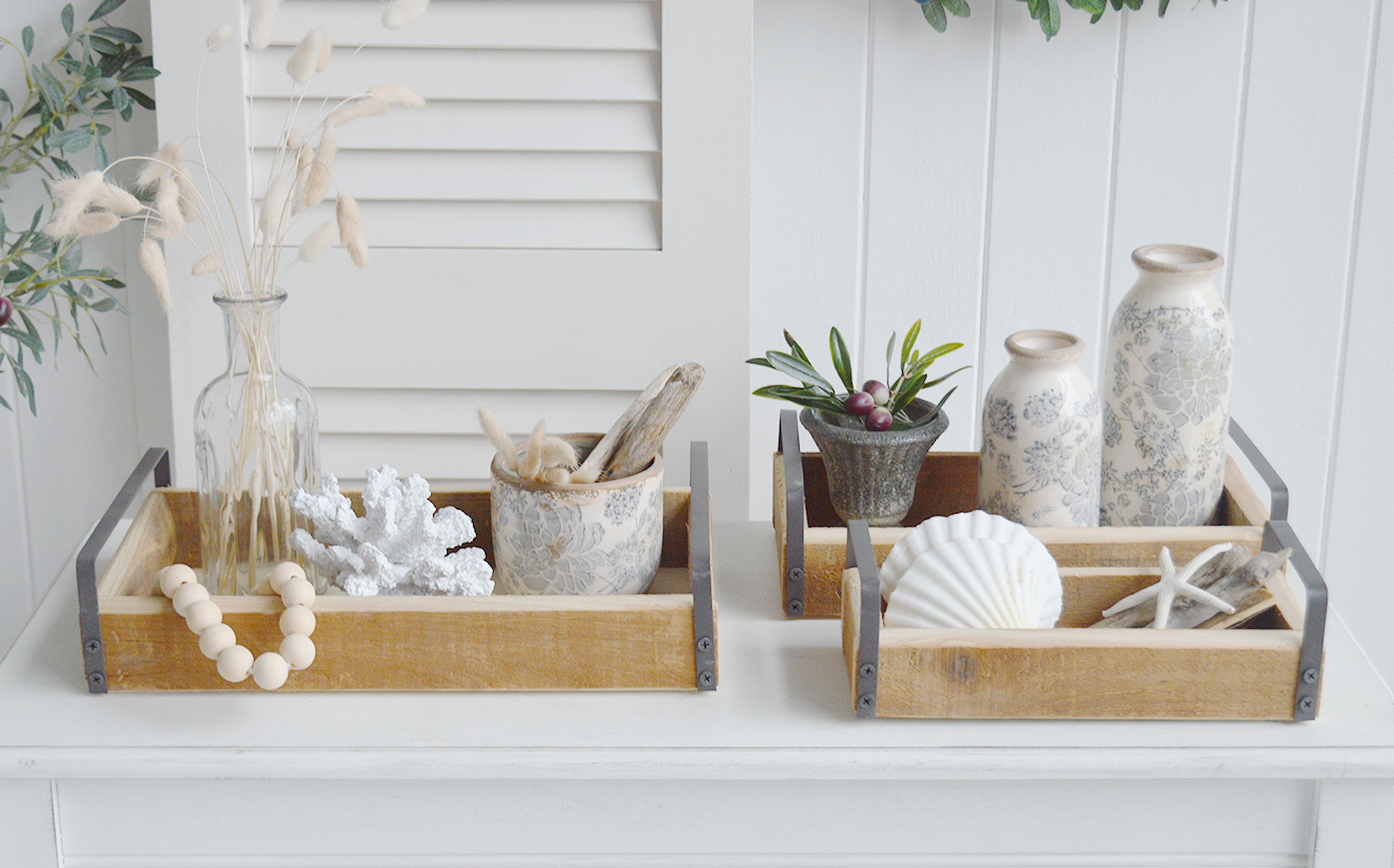 The White Lighthouse. White Furniture and accessories for the home. Set of 3 Pawtucket Wooden Trays for display in New England, Country and coastal home interior decor