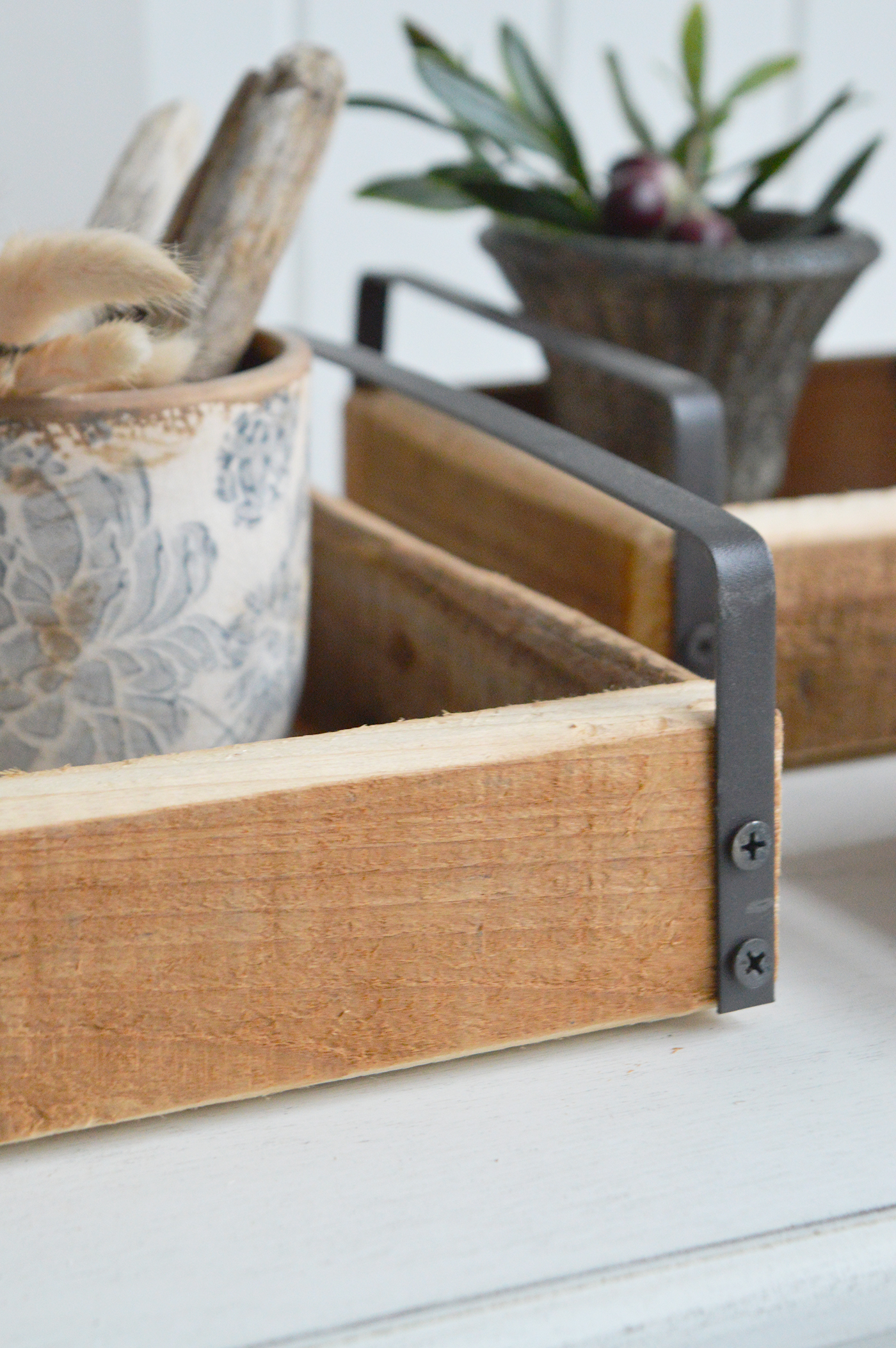 The White Lighthouse. White Furniture and accessories for the home. Set of 3 Pawtucket Wooden Trays for display in New England, Country and coastal home interior decor