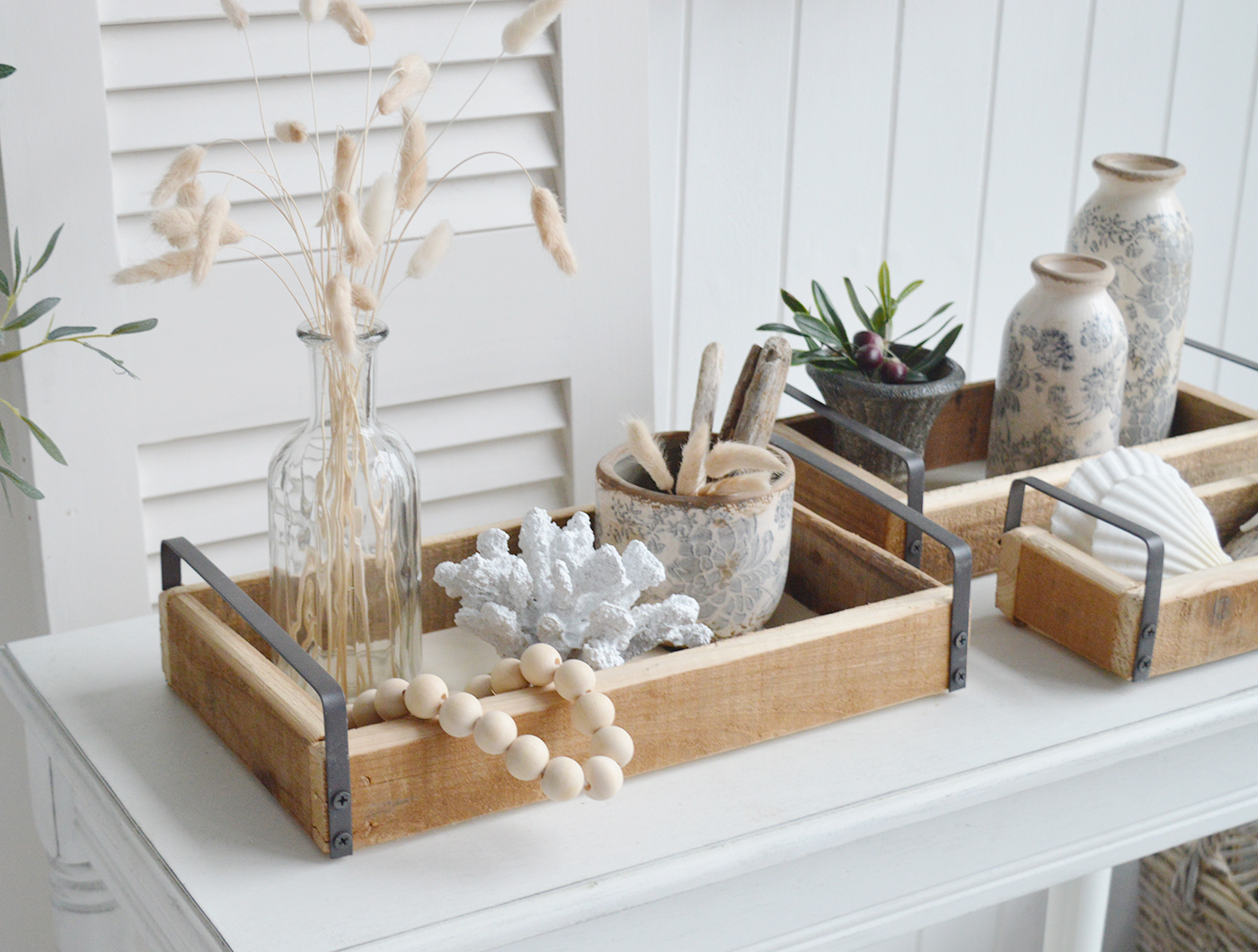 The White Lighthouse. White Furniture and accessories for the home. Set of 3 Pawtucket Wooden Trays for display in New England, Country and coastal home interior decor