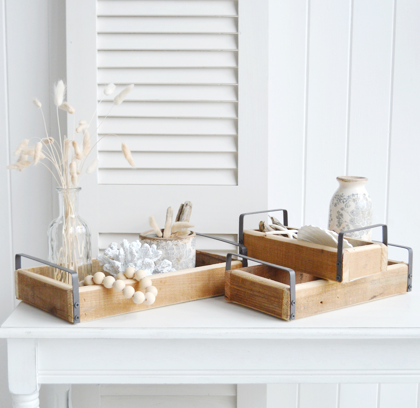 The White Lighthouse. White Furniture and accessories for the home. Set of 3 Pawtucket Wooden Trays for display in New England, Country and coastal home interior decor