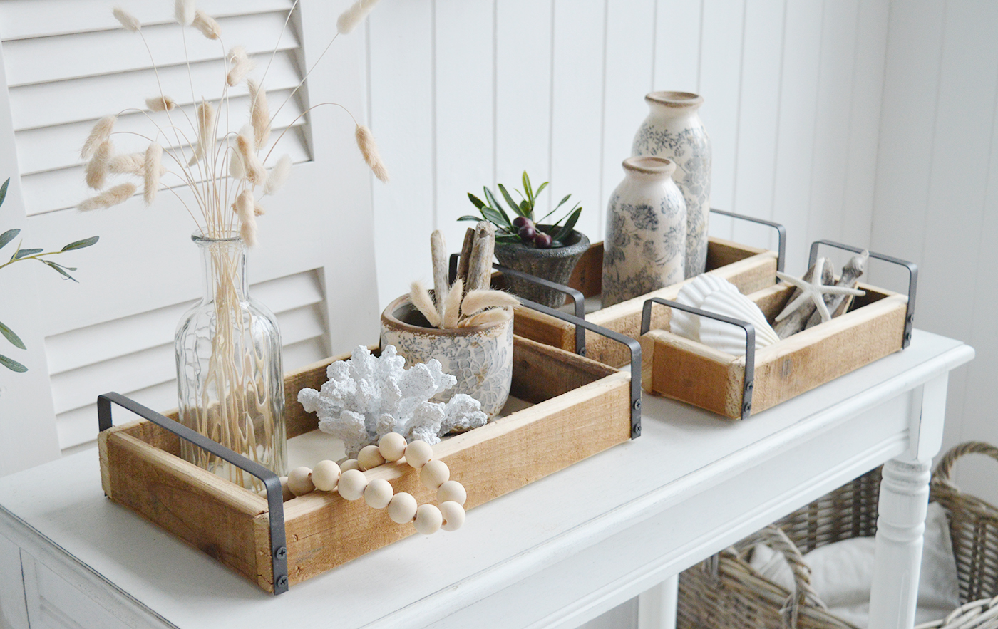 The White Lighthouse. White Furniture and accessories for the home. Set of 3 Pawtucket Wooden Trays for display in New England, Country and coastal home interior decor