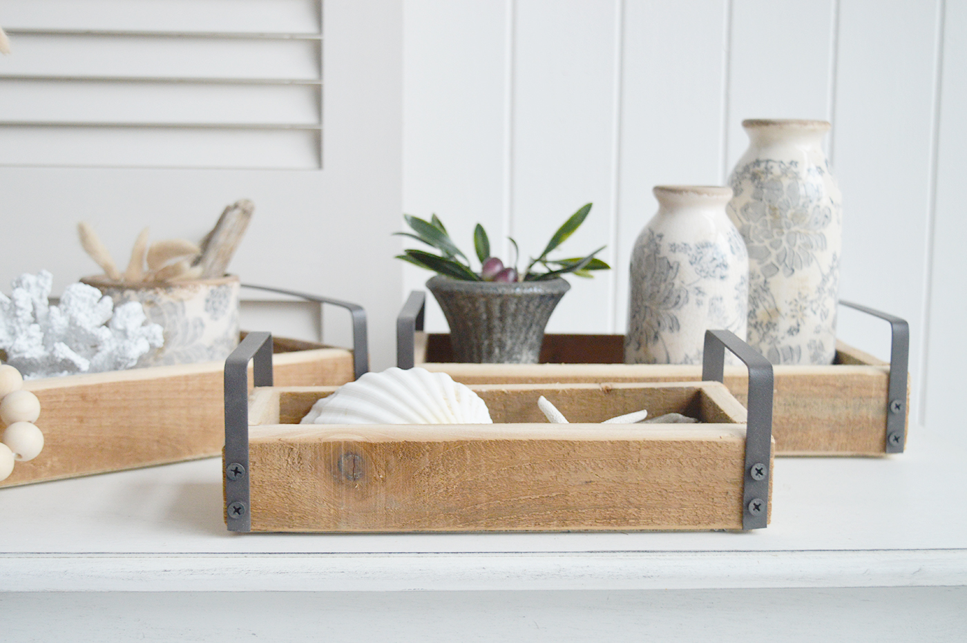 The White Lighthouse. White Furniture and accessories for the home. Set of 3 Pawtucket Wooden Trays for display in New England, Country and coastal home interior decor