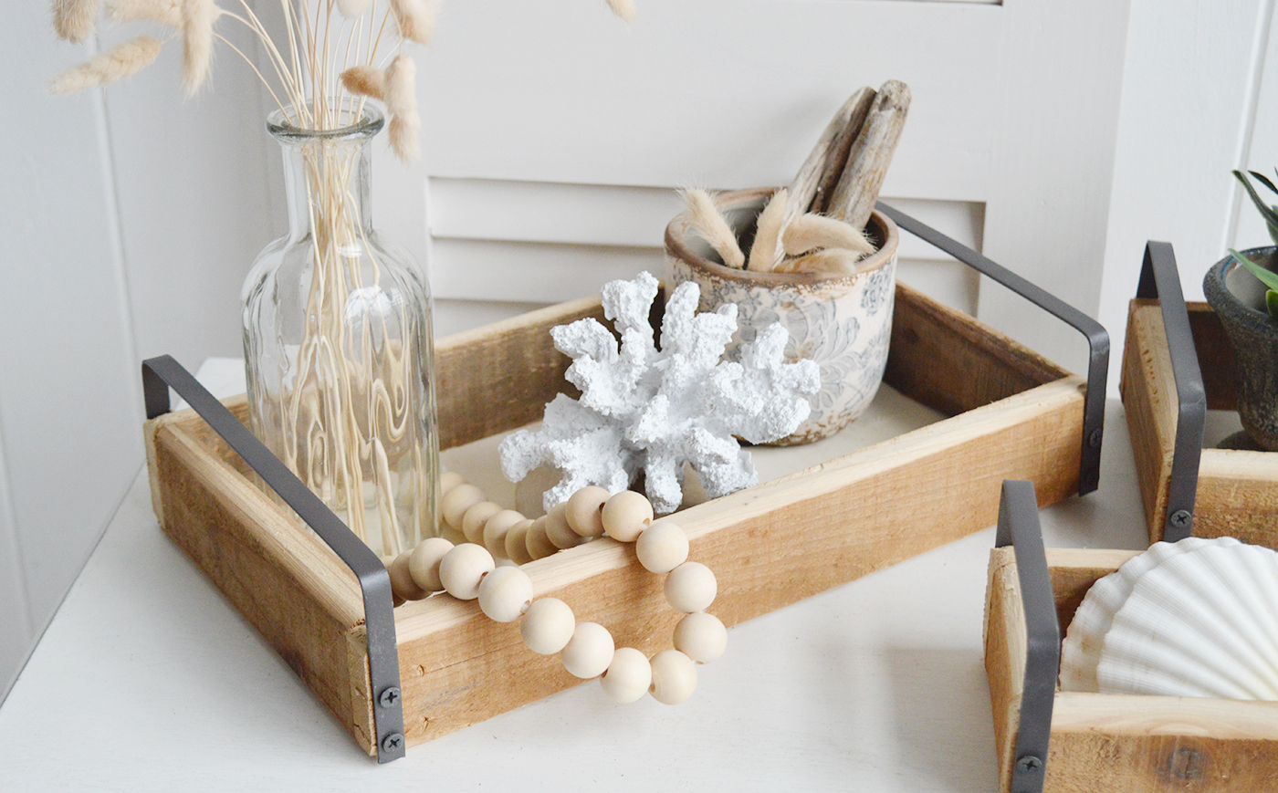 The White Lighthouse. White Furniture and accessories for the home. Set of 3 Pawtucket Wooden Trays for display in New England, Country and coastal home interior decor