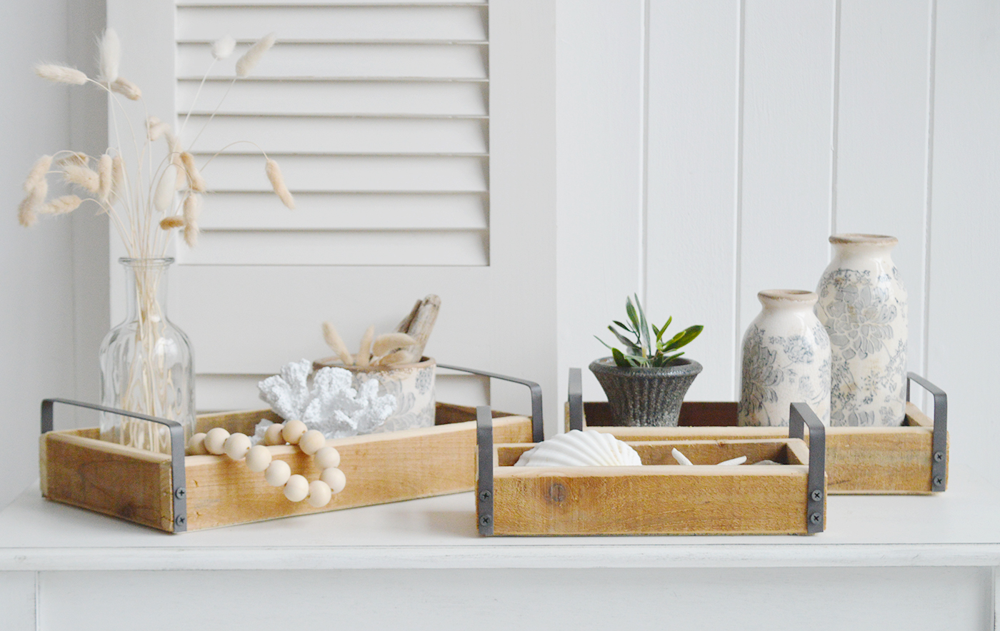 The White Lighthouse. White Furniture and accessories for the home. Set of 3 Pawtucket Wooden Trays for display in New England, Country and coastal home interior decor