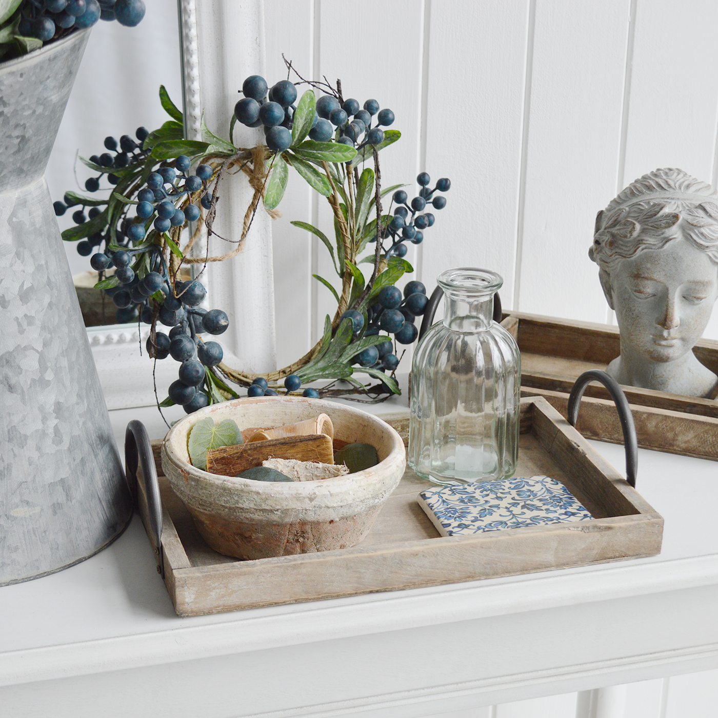 Pawtucket New England country, coastal and farmhouse home furniture and interiors. A set of 3 wooden display trays