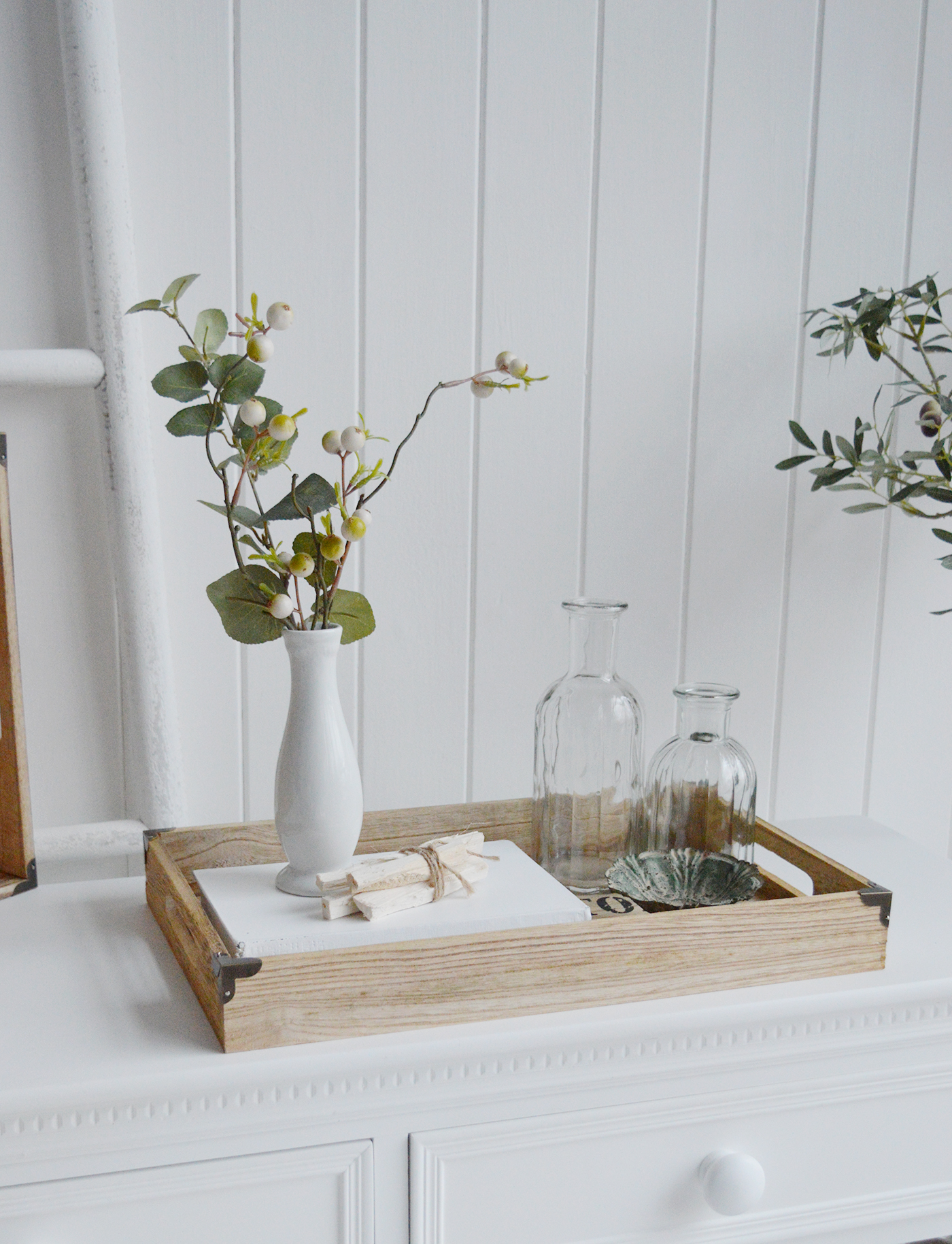 White Furniture and accessories for the home. Set of two wooden trays for New England, Country and coastal home interior decor