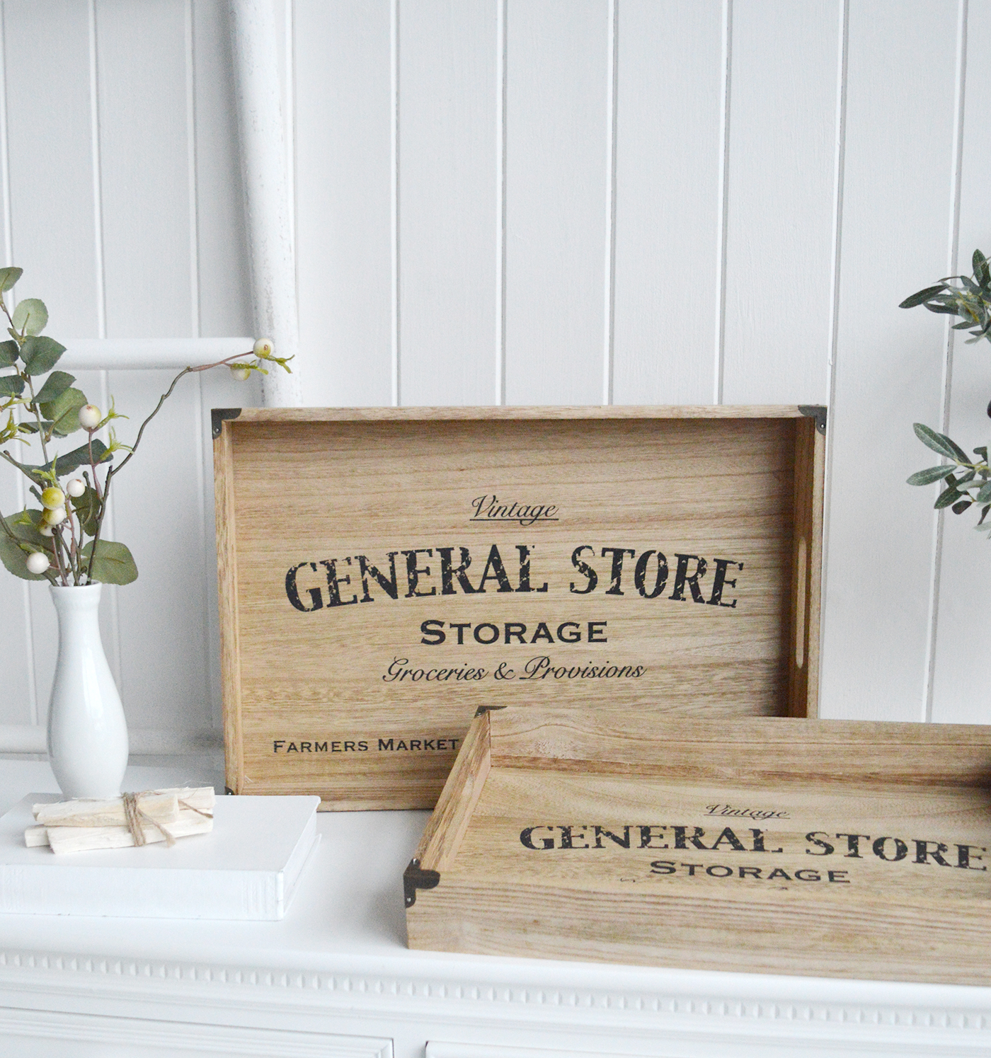 White Furniture and accessories for the home. Set of two wooden trays for New England, Country and coastal home interior decor