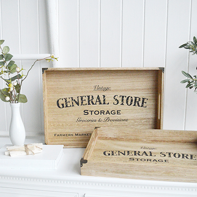 Set of two wooden trays for coffee table decor in New England style homs from The White Lighthouse Furniture