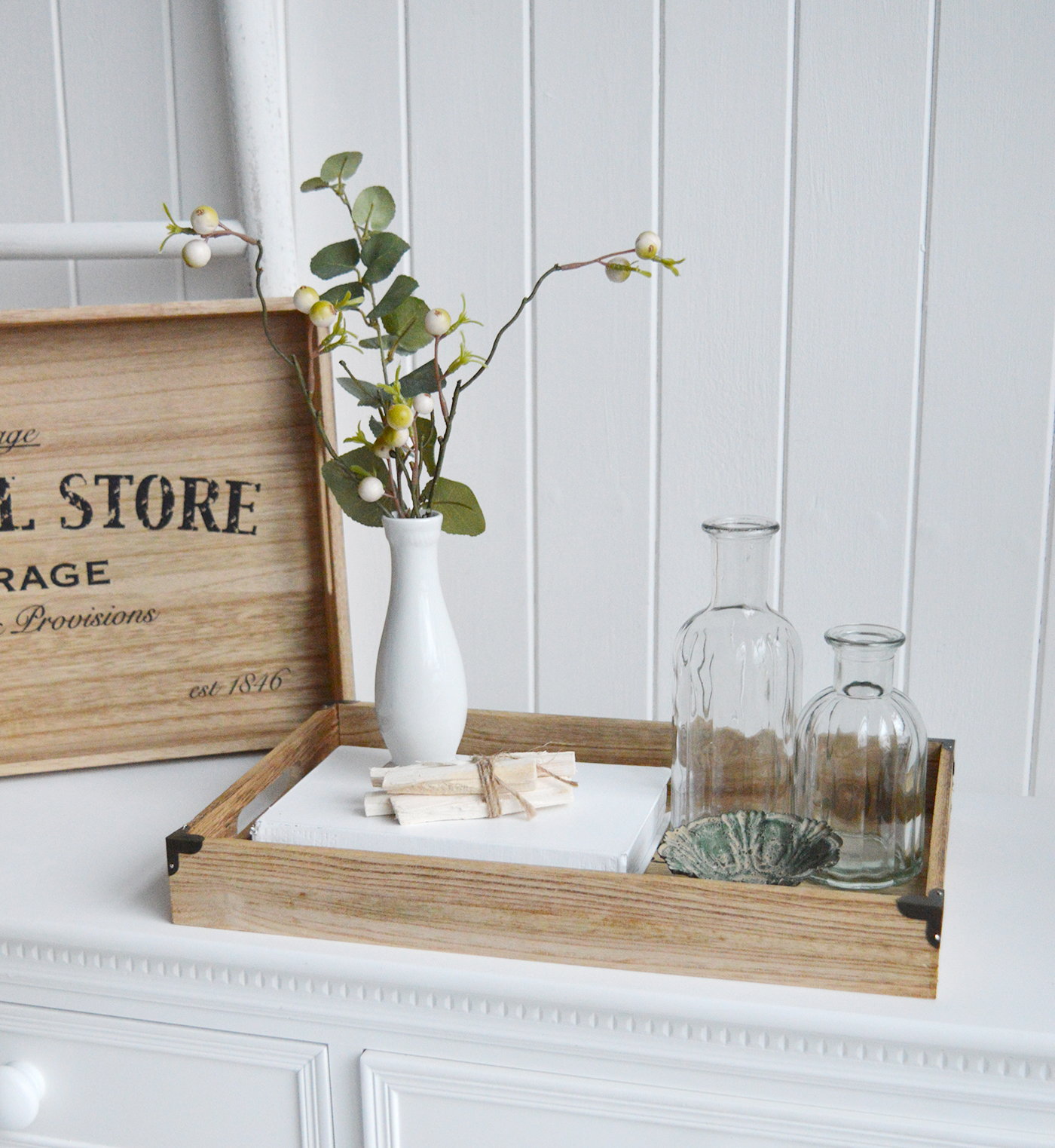 White Furniture and accessories for the home. Set of two wooden trays for New England, Country and coastal home interior decor