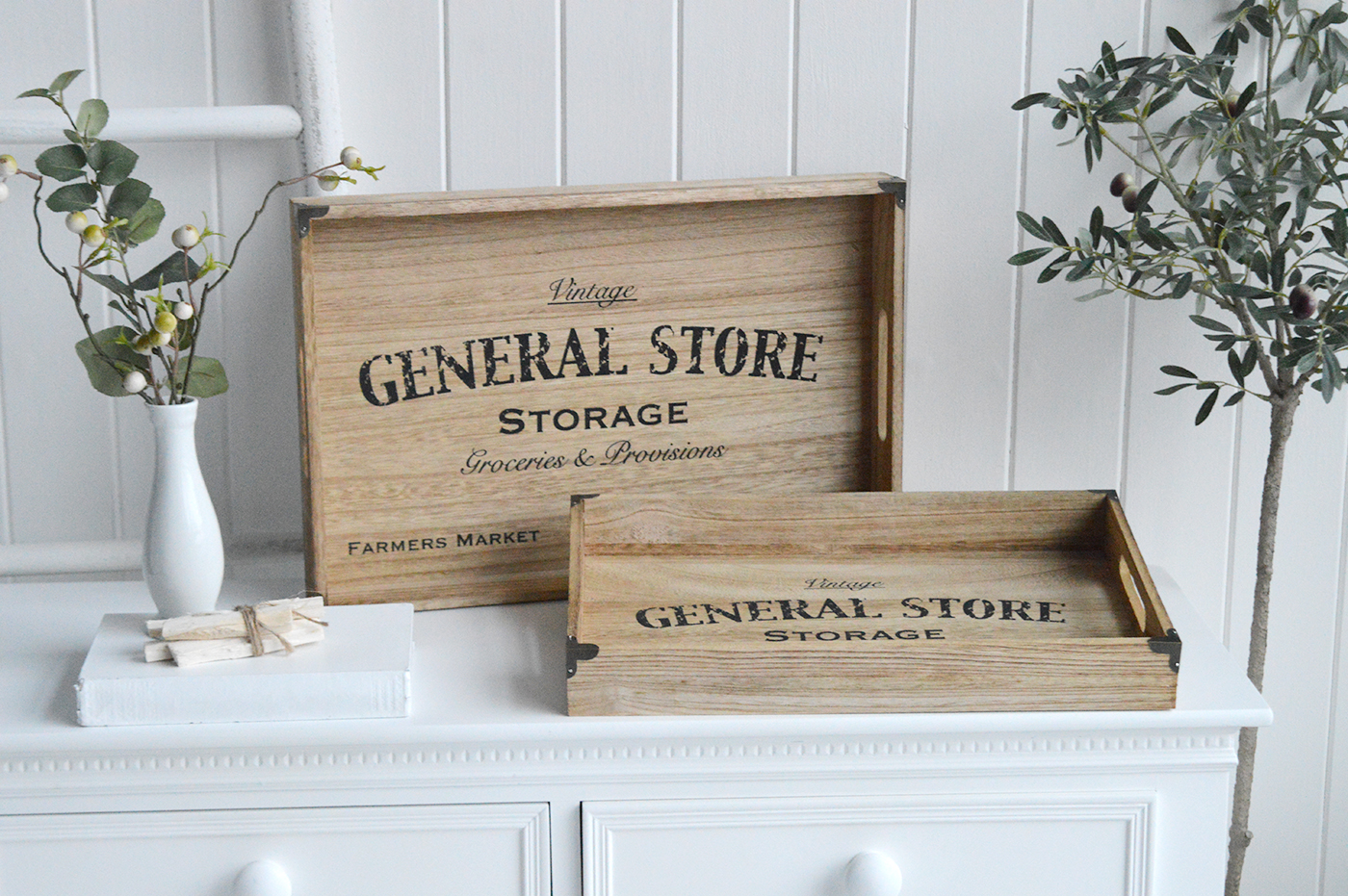 White Furniture and accessories for the home. Set of two wooden trays for New England, Country and coastal home interior decor