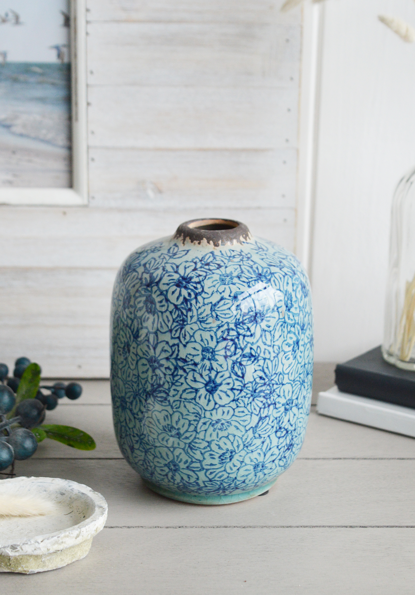 Blue Floral Ceramic Vase from The White Lighthouse coastal, New England and country , farmhouse furniture and home decor accessories UK