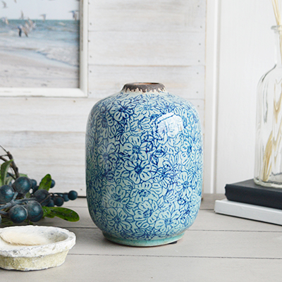 Blue Floral Ceramic Vase from The White Lighthouse coastal, New England and country , farmhouse furniture and home decor accessories UK