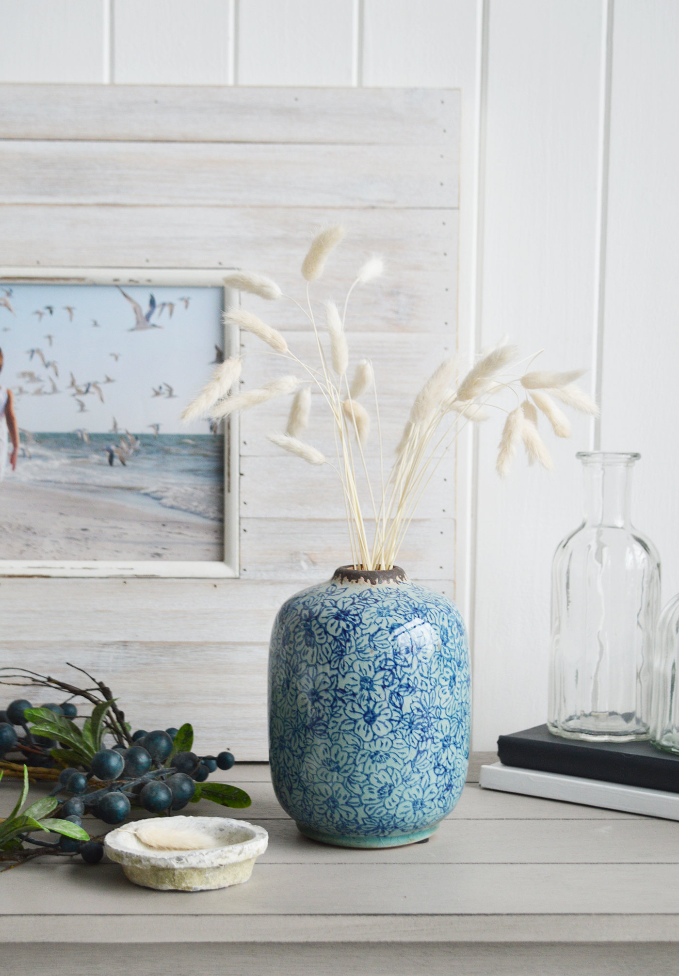 Blue Floral Ceramic Vase from The White Lighthouse coastal, New England and country , farmhouse furniture and home decor accessories UK