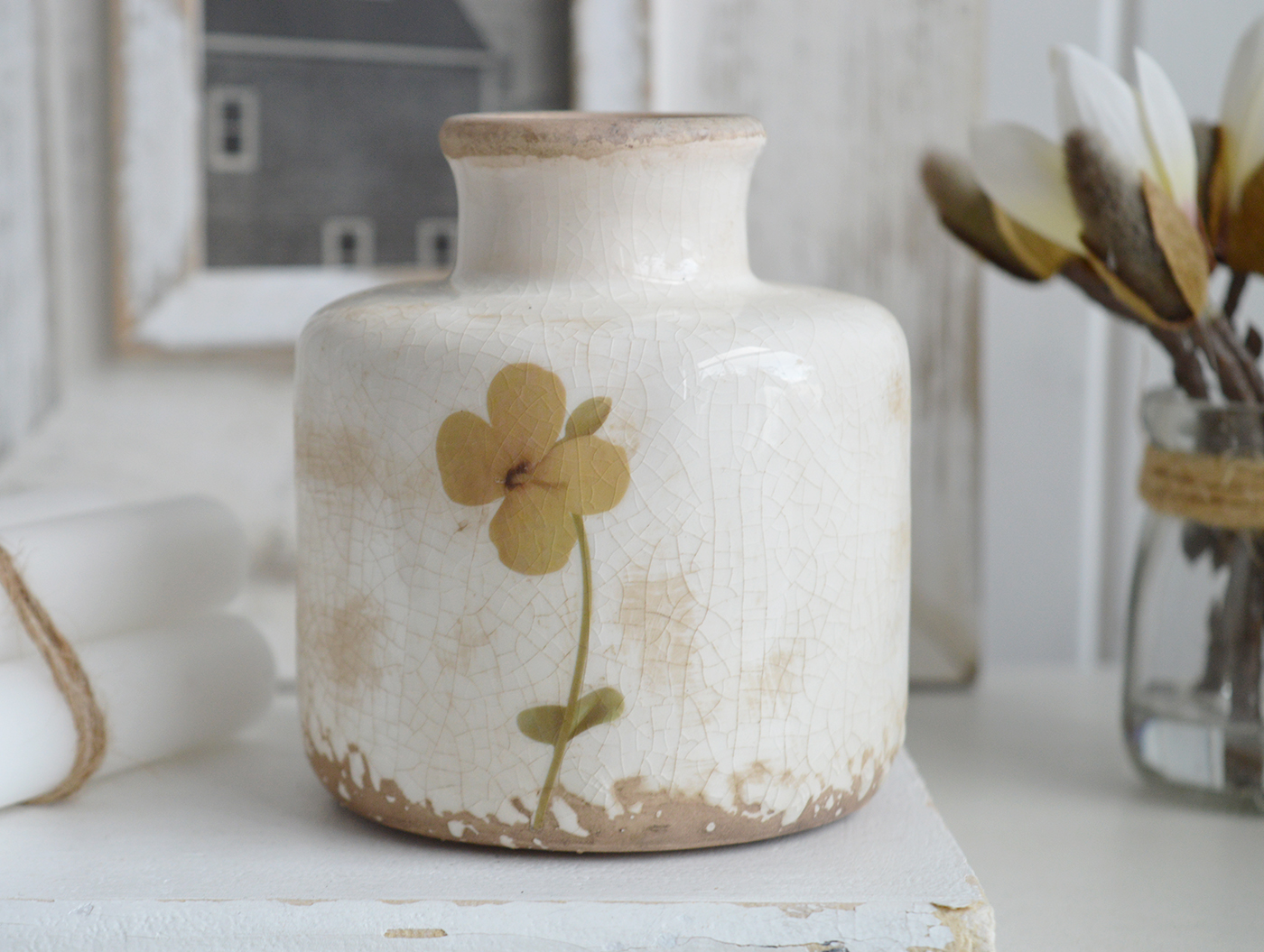 Charlotte vase with a crackled glazed finish  with simple floral design for New England, Country and coastal home interior decor