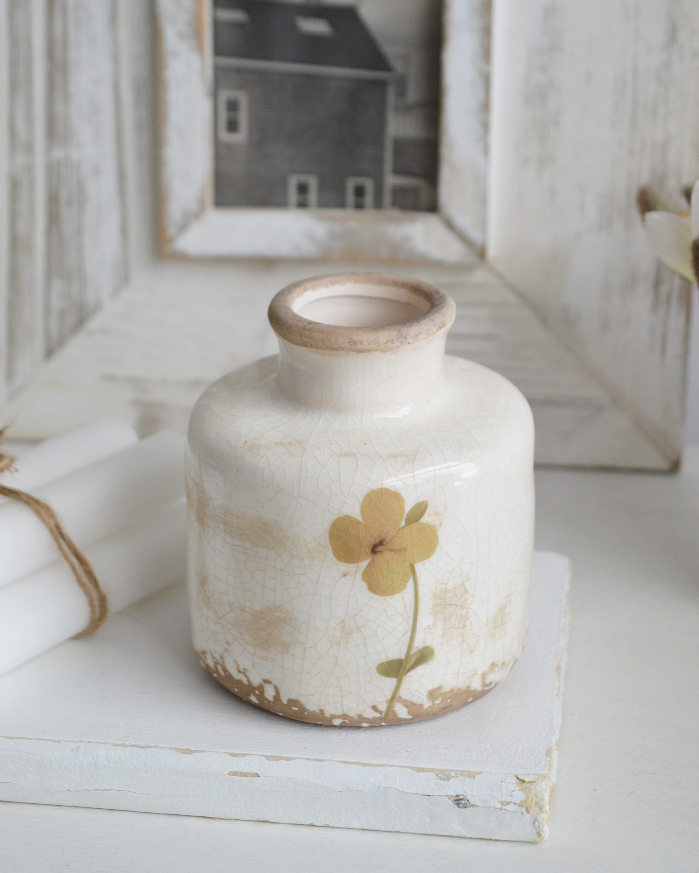 Charlotte vase with a crackled glazed finish  with flowers for New England, Country and coastal home interior decor