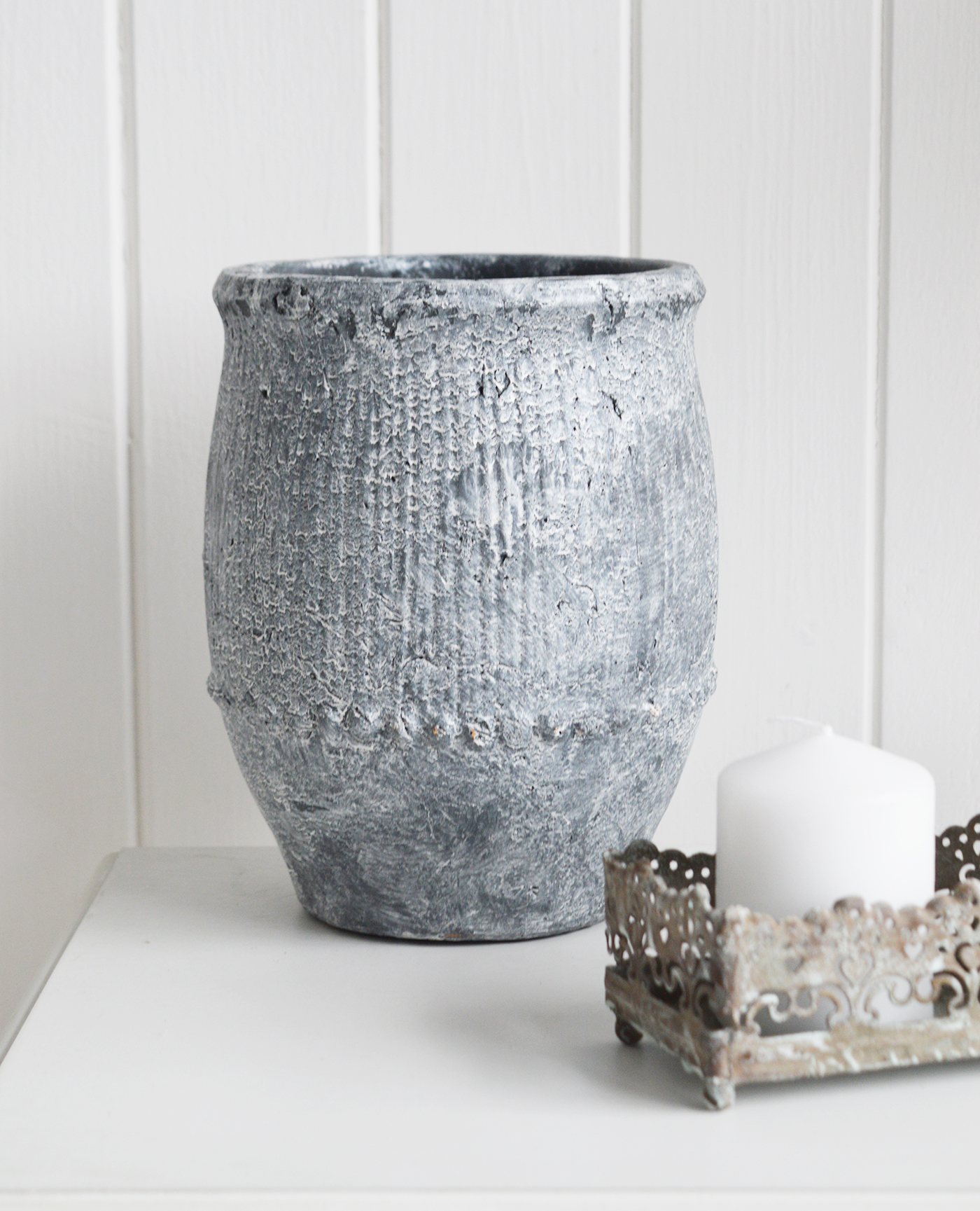 New England style interiors - Grey stone wash vase for country and coastal interior home decor