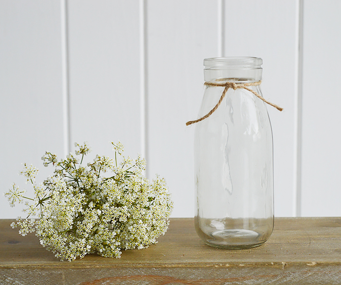 Small glass milk bottle bud vase for white homes in New England Style