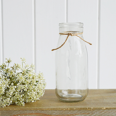 Small glass milk bottle bud vase for white homes in New England Style