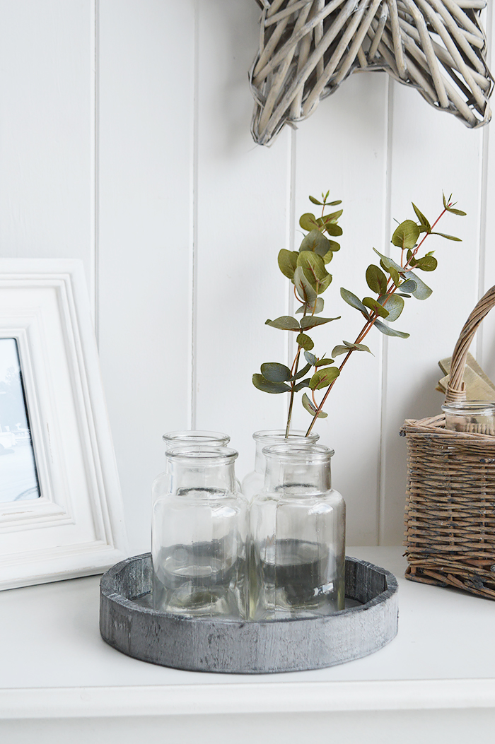 Our minimalist Newbury glass bud jar. Perfect for seasonal stems or our artificial Pussy Willow, Eucalyptus or Olive tree sprigs. Shown with the artificial fern leaf