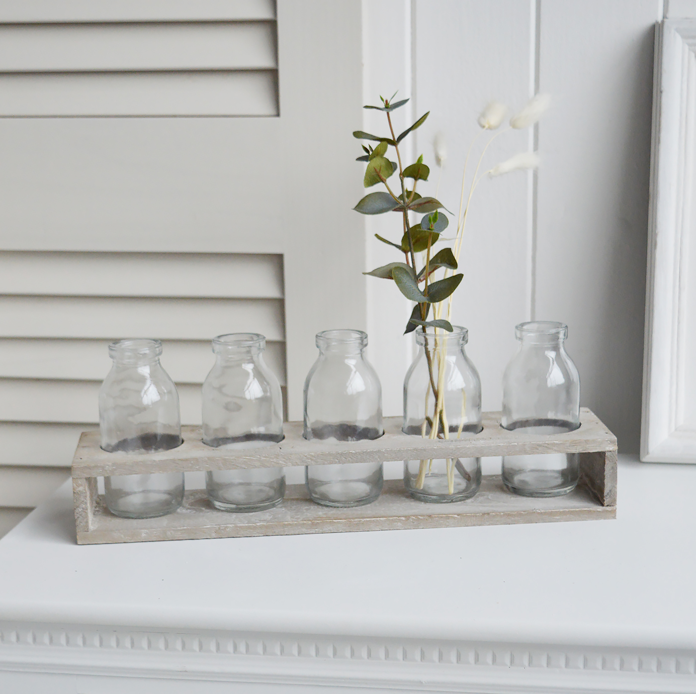 Newbury Small Glass Bud Vase in wooden Tray from The White Lighthouse coastal, New England and country furniture and home decor accessories UK
