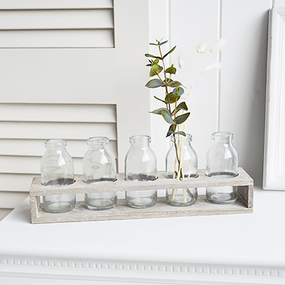 Newbury Small Glass Bud Vase in wooden Tray from The White Lighthouse coastal, New England and country furniture and home decor accessories UK