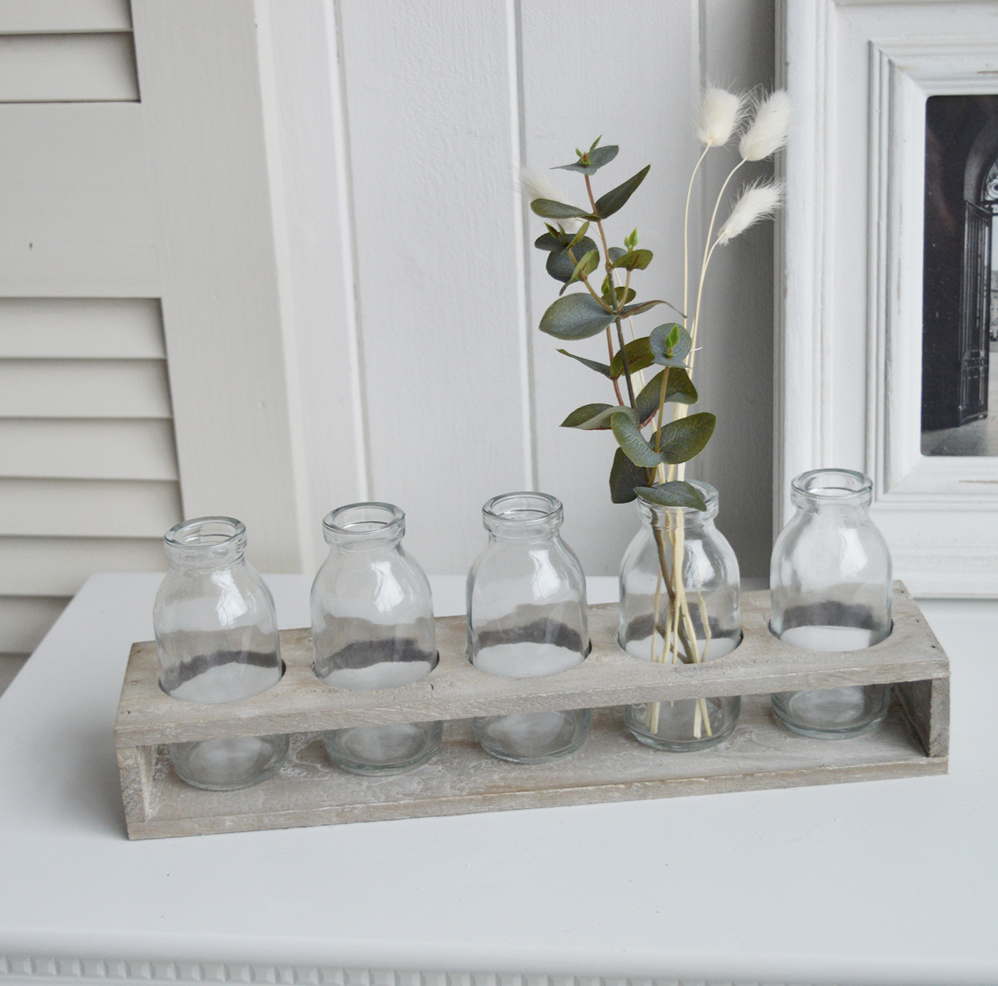 Newbury Small Glass Bud Vase in wooden Tray from The White Lighthouse coastal, New England and country furniture and home decor accessories UK